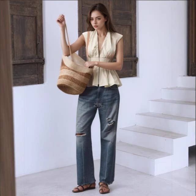 Sleeveless V-zipper pleated cinched-waist top