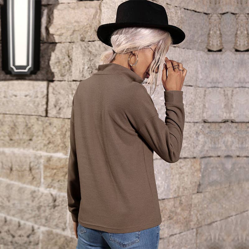 Half-Zip Long-Sleeved Solid Color Lapel Top