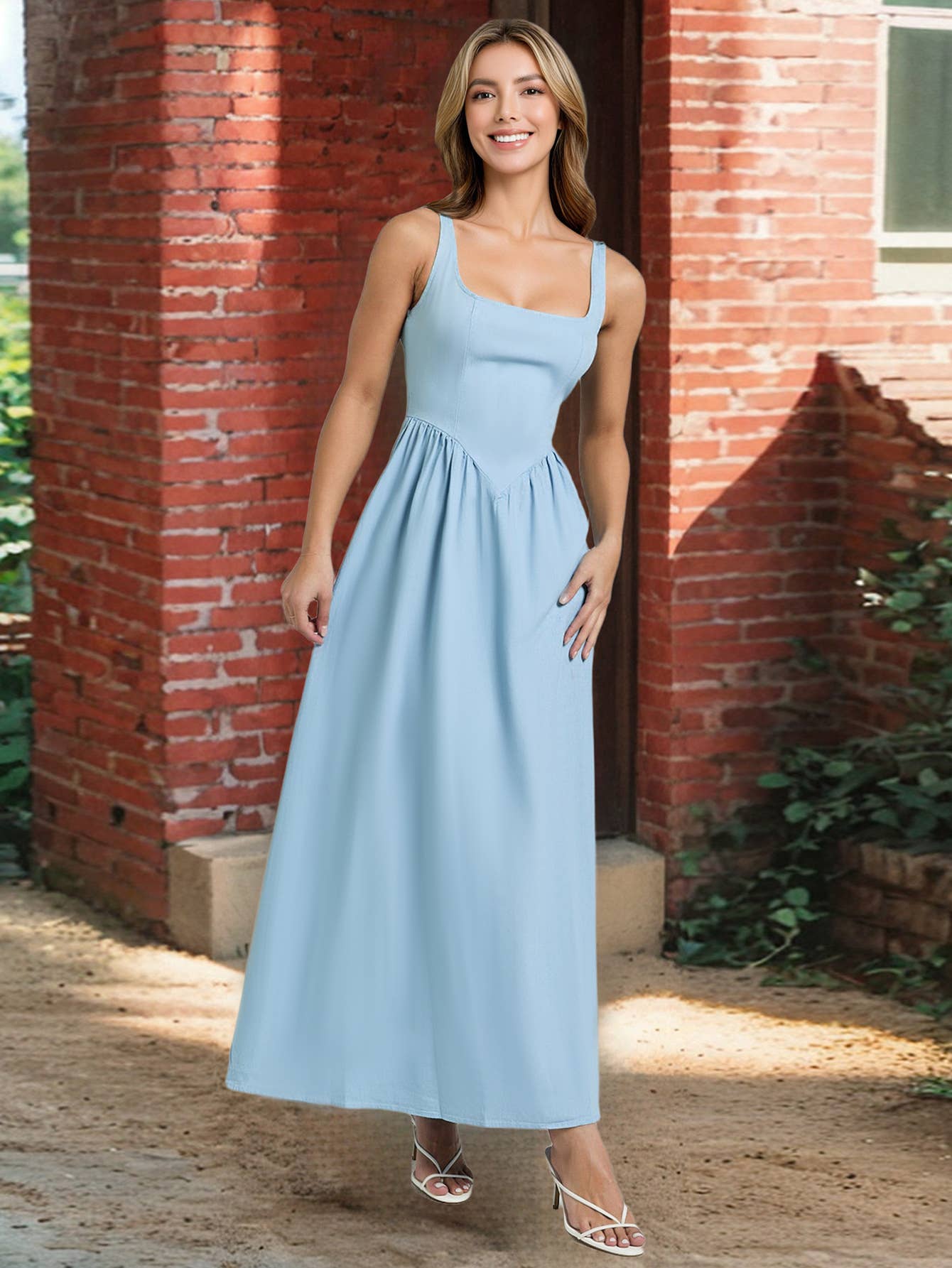 Solid-color elegant square-neck halter dress