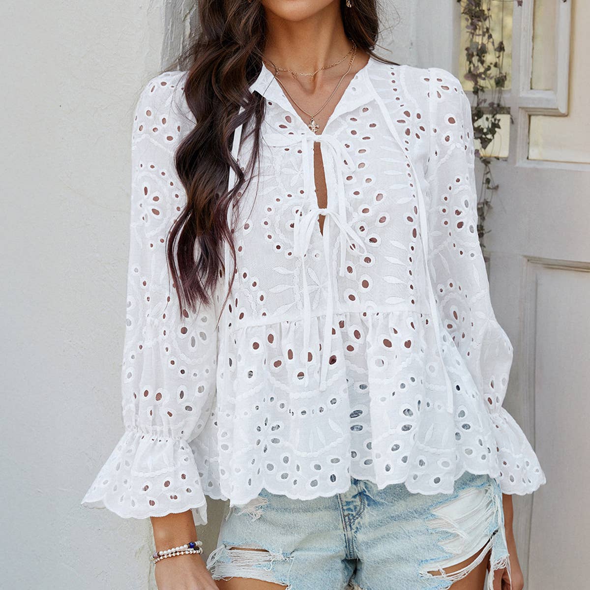Solid color hollow leisure loose lace-up shirts