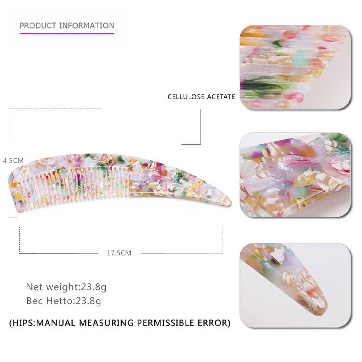 HORN POINTED TAIL COMB ACETATE CARVED FLOWER COMB