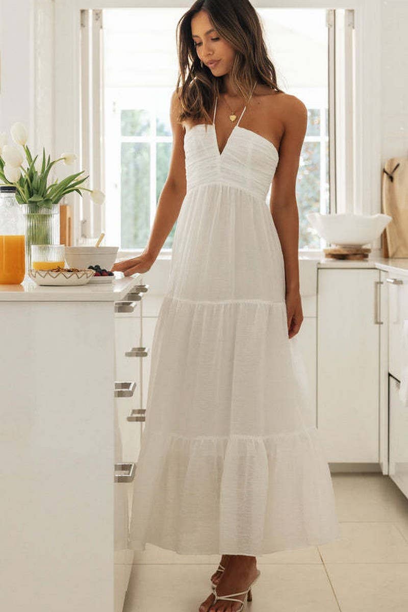 CWDMD5693_V-NECK SPAGHETTI STRAP ZIPPER PATCHWORK DRESS