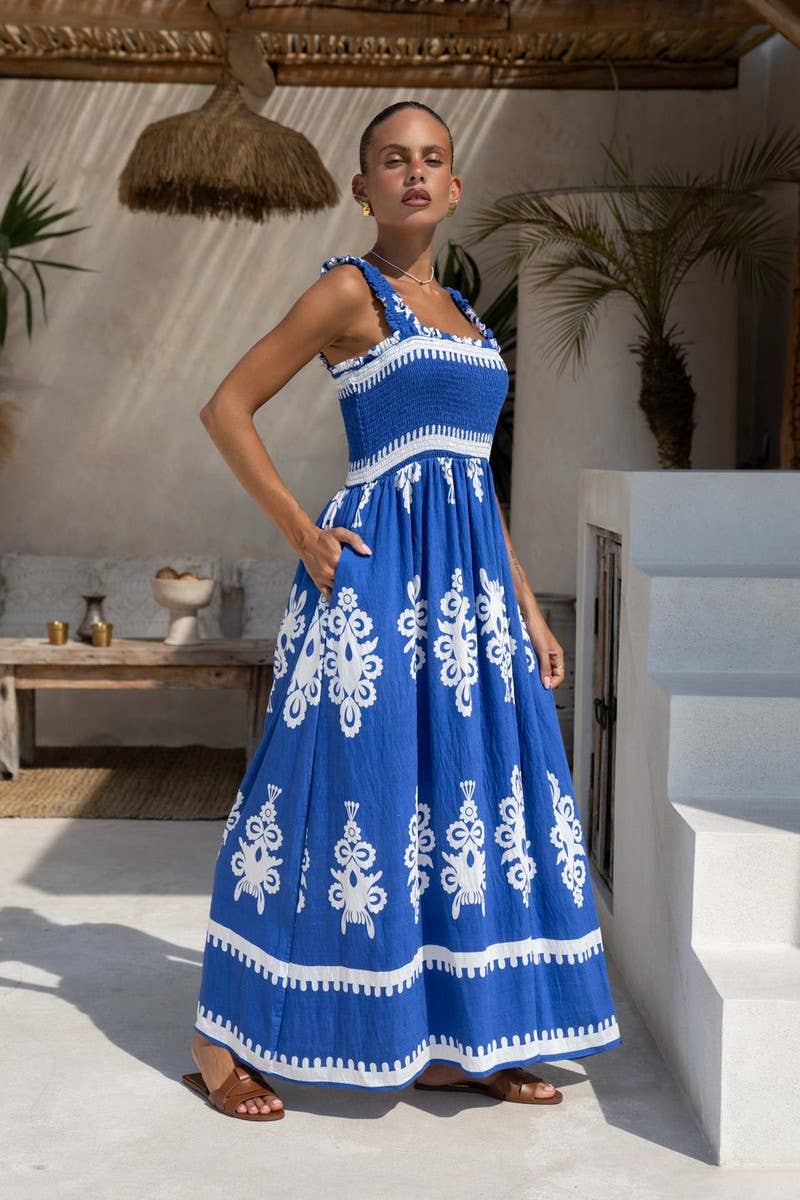 CWDHL1076_SUMMER RESORT STYLE PRINTED SUSPENDER BEACH DRESS