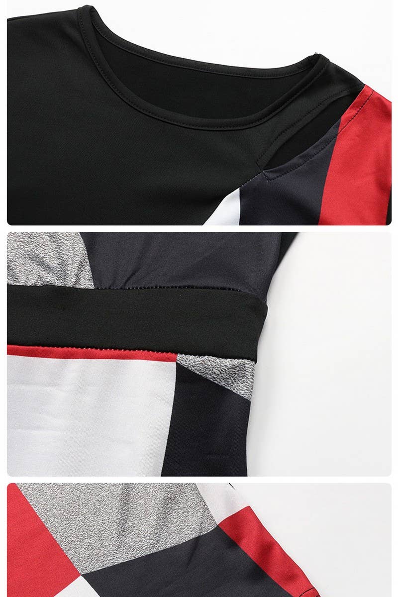 CWDSD5369_GEOMETRIC HIGH WAIST LONG SLEEVE DRESS