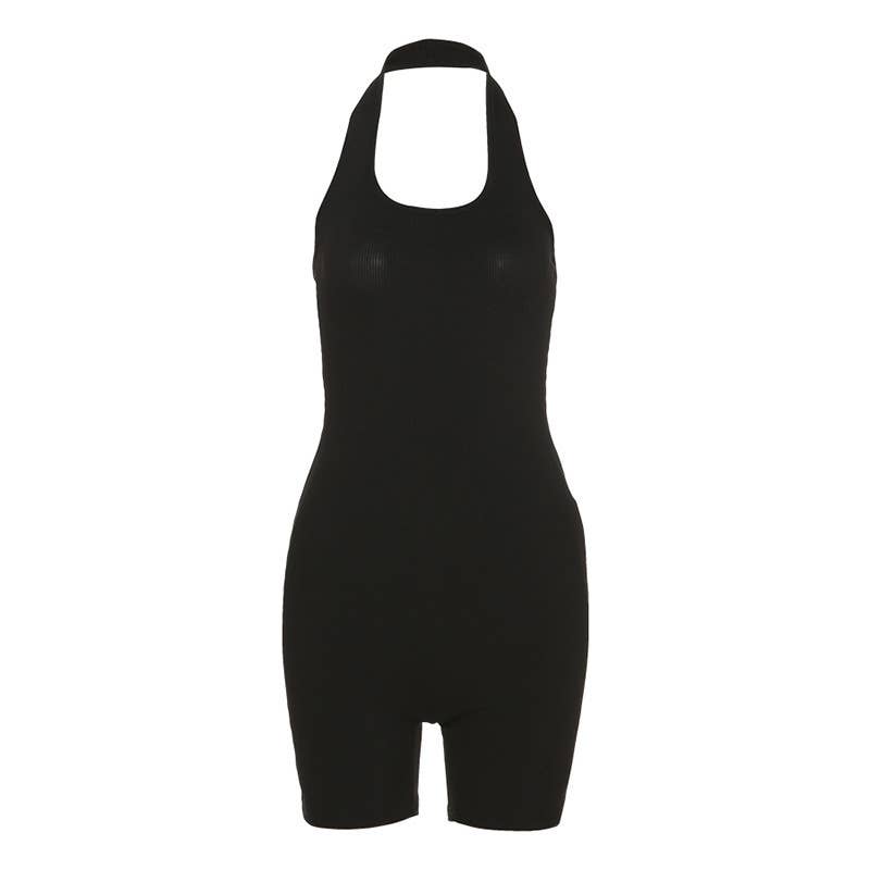 Solid color halter short design sense jumpsuit