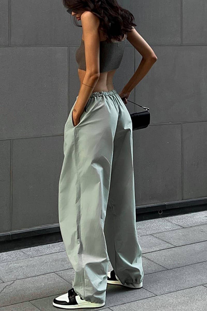 CWBLP1711_SOLID COLOR DRAWSTRING WAIST CASUAL PANTS
