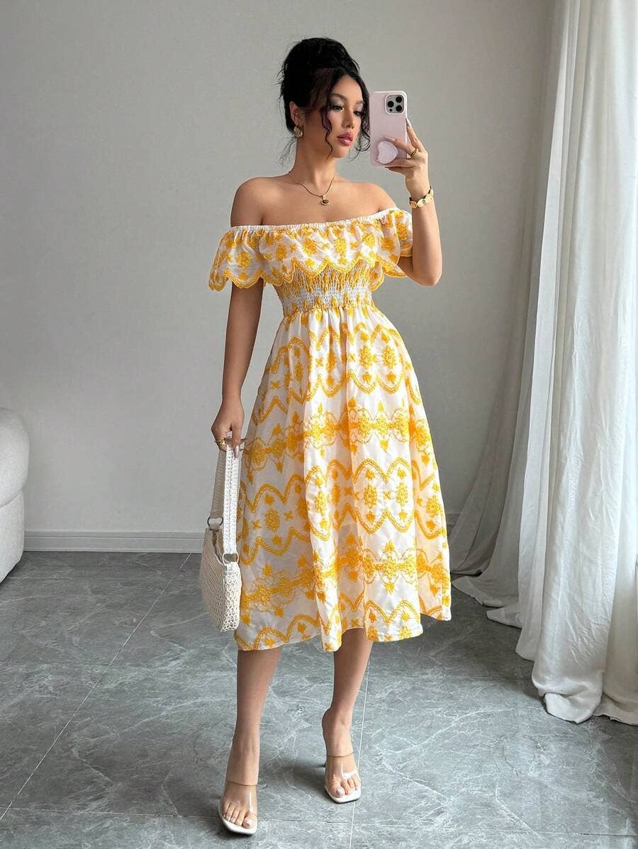 One-shoulder ruffled cutout embroidered dress