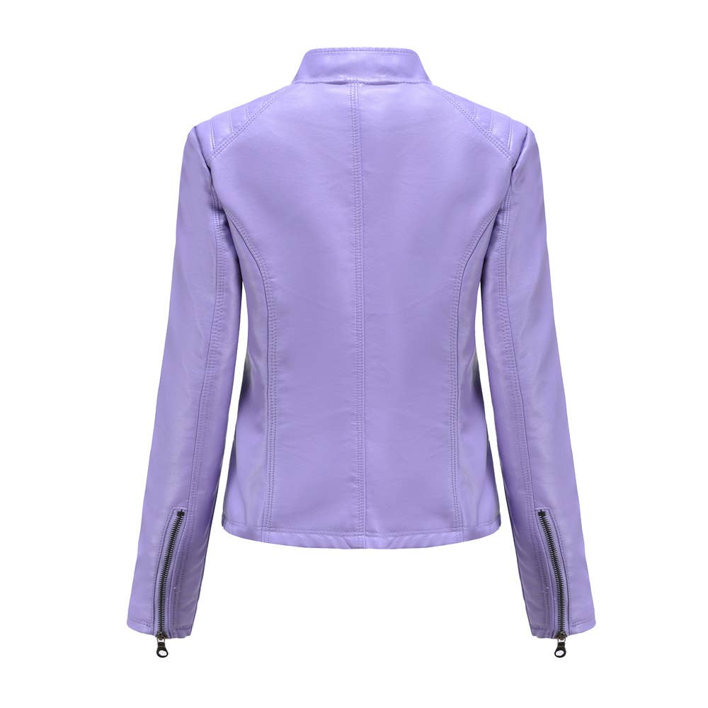 Women's leather stand-up collar jacket