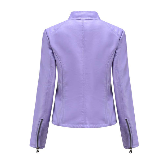 Women's leather stand-up collar jacket