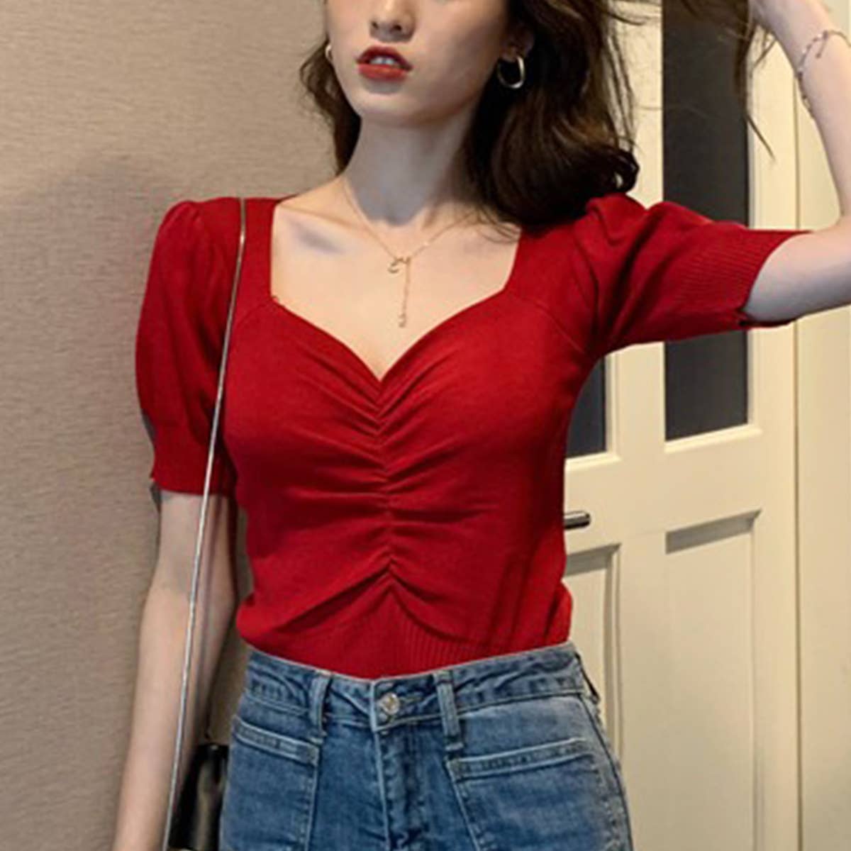 VINTAGE V-NECK PUFFY SLEEVE KNIT BASE T-SHIRT