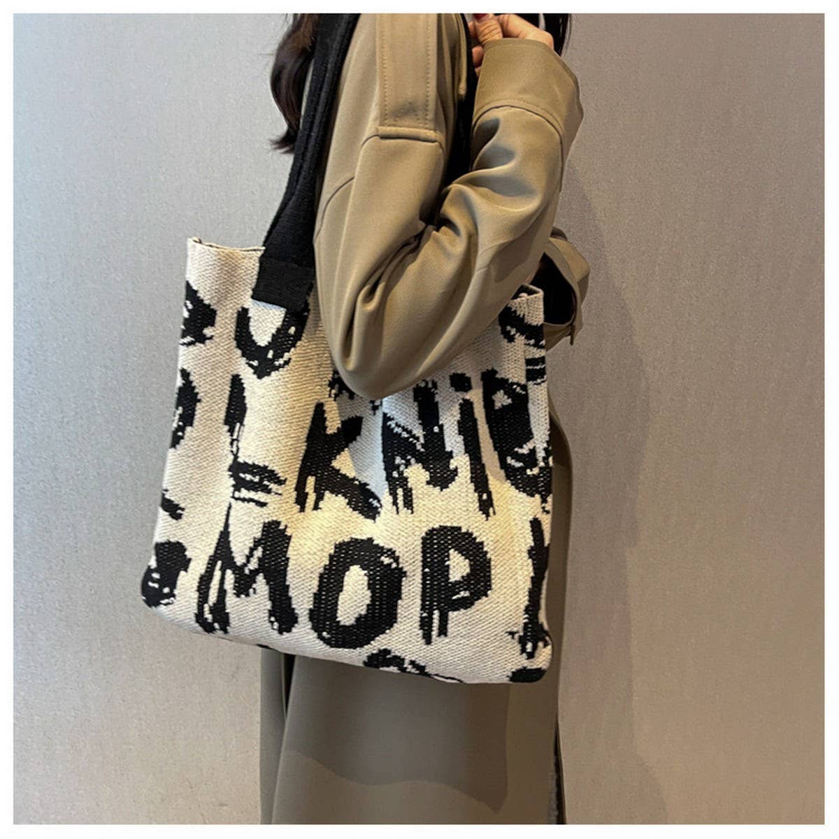 CWAB4572_LETTER PRINTED KNITTED SINGLE SHOULDER HANDLE BAG