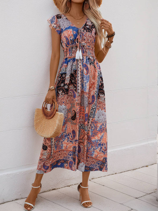 Paisley floral print flysleeve long swing dress