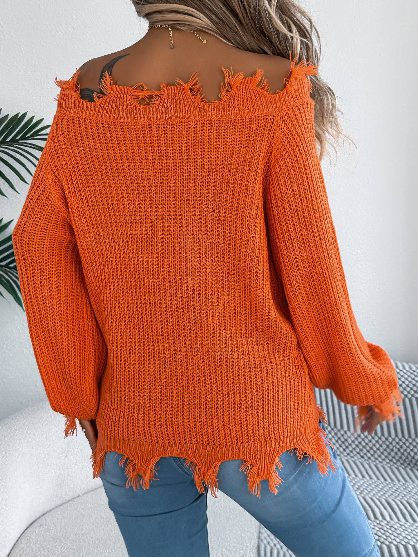Solid-color cut-out off-the-shoulder sweater