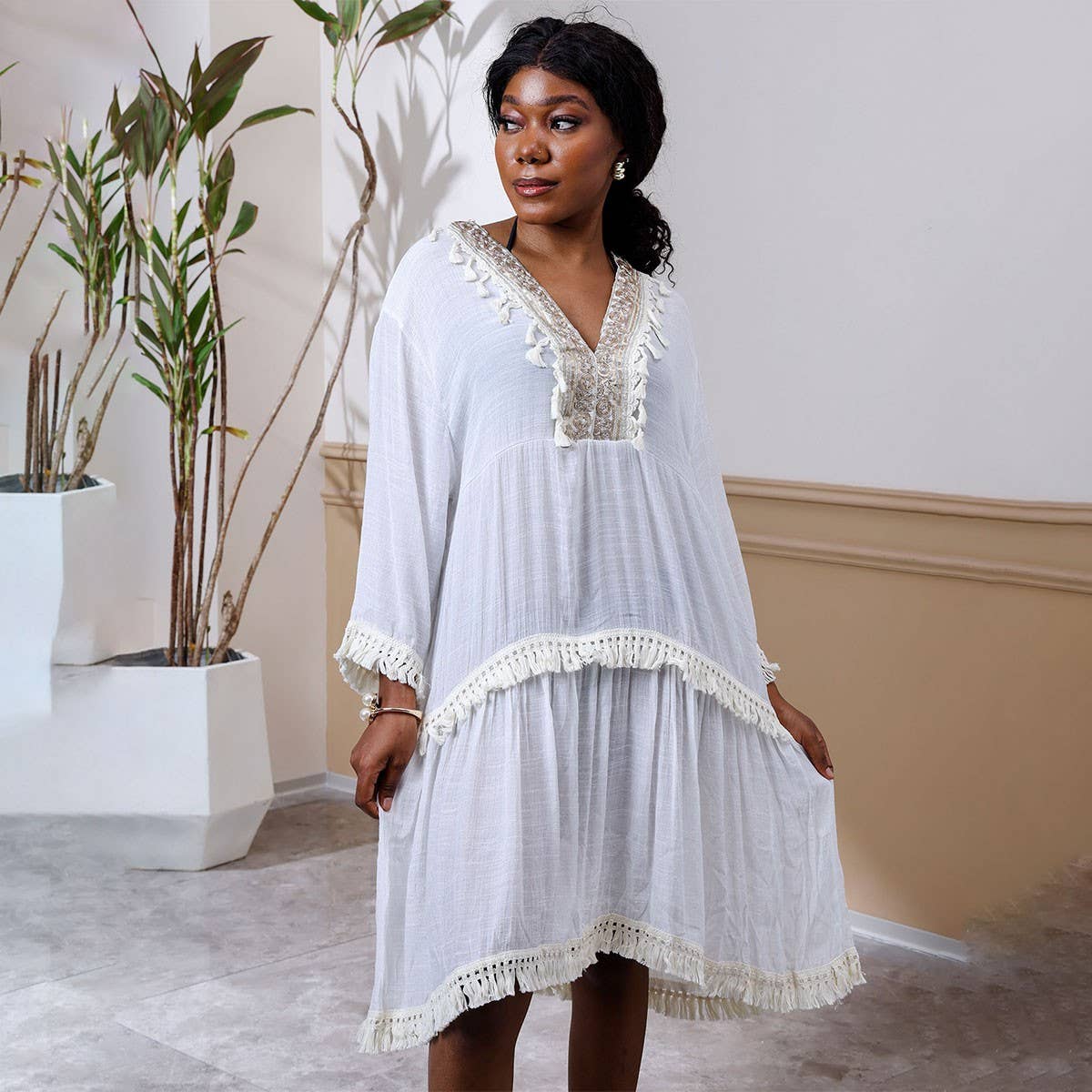 French Lace V-Neck Dress for Women Beach Cover-Up