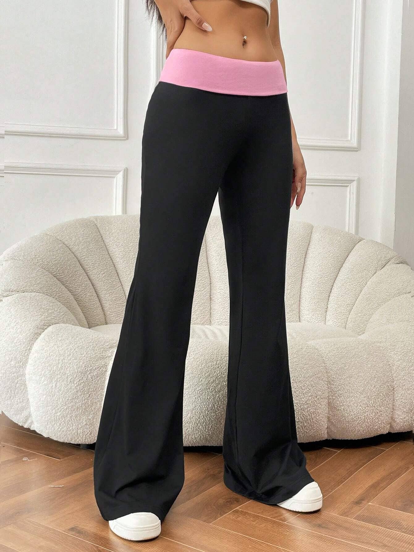 PATCHWORK COLOR CONTRAST ELASTIC WAIST FLAREDPANTS