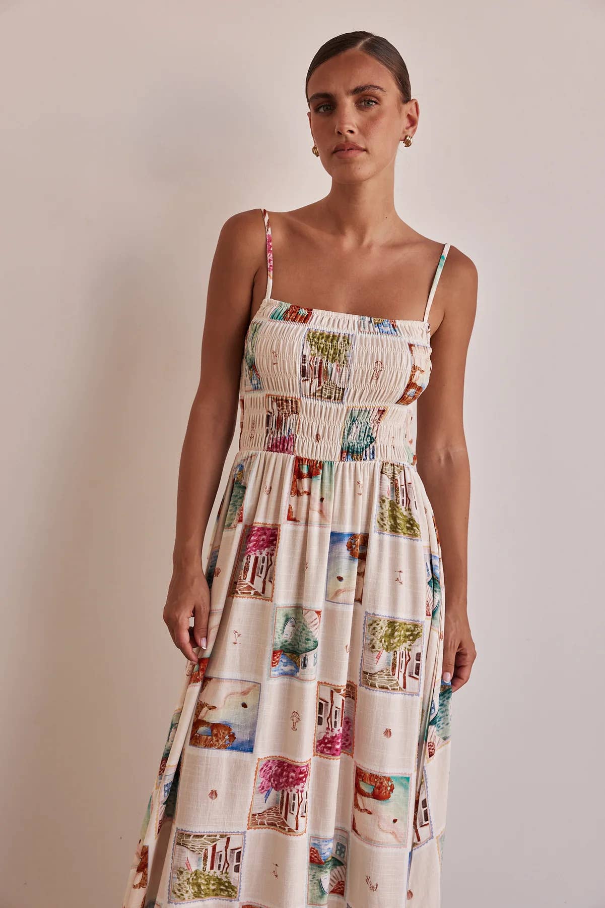 Fashion loose halter print long cable front dress