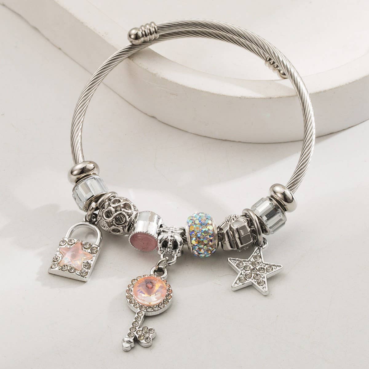 Lock & Key Charm Adjustable Steel Bracelet