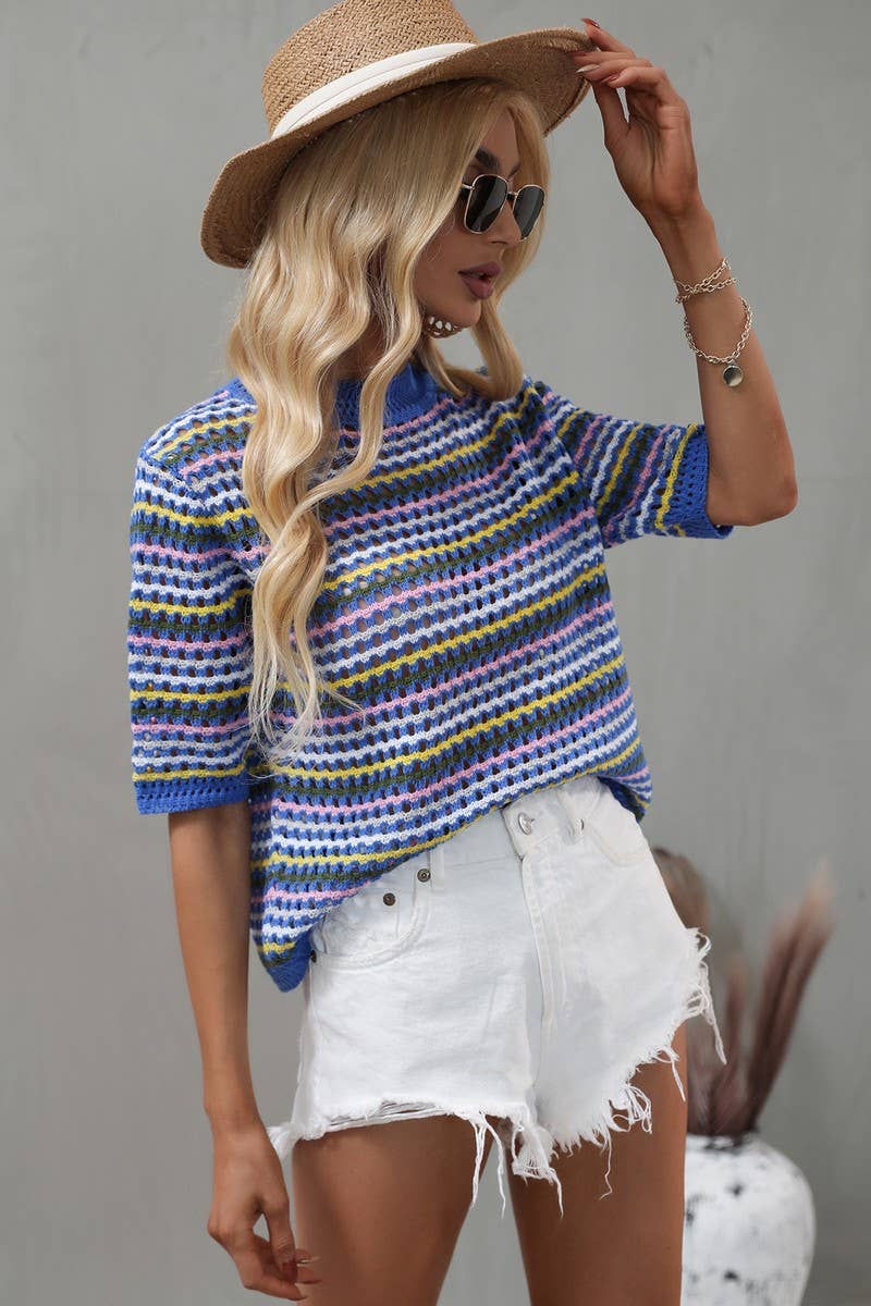 Cwtts0736_Crochet Short Sleeve Pullover Sweater
