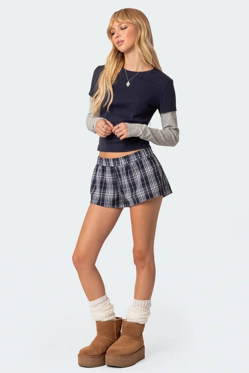 CWBSP0424_ELASTIC WAIST LOOSE PLAID BEACH SHORTS