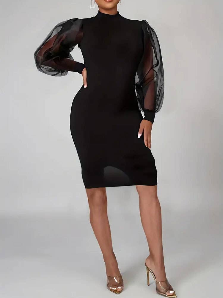 Stand-up collar lantern sleeve wrap hip dress