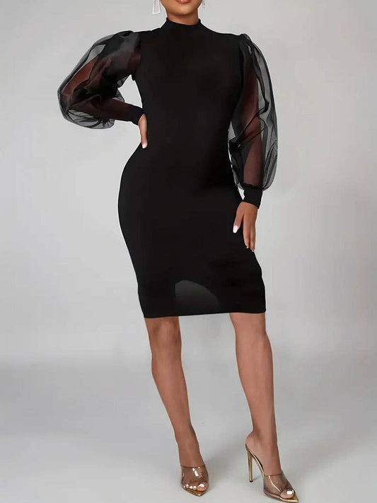 Stand-up collar lantern sleeve wrap hip dress