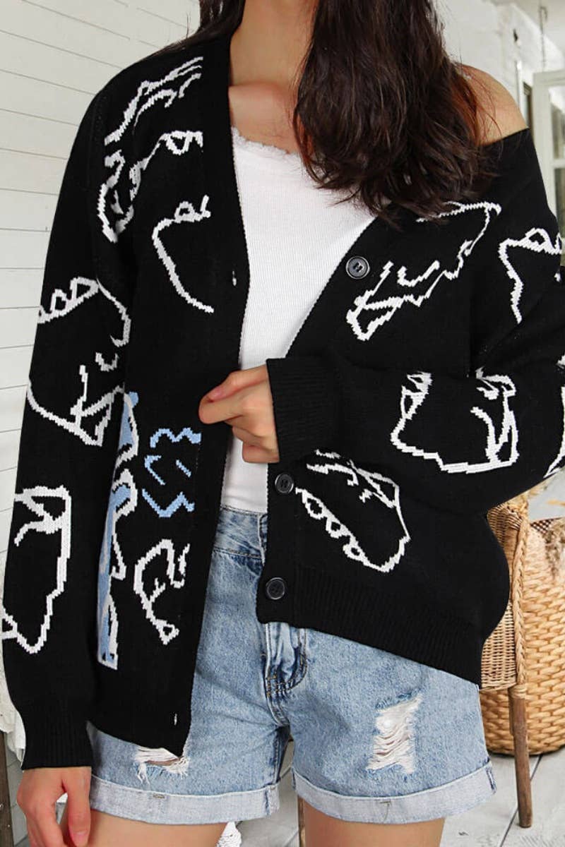 CWOCAL1574_WINTER LONGSLEEVED CARTOON DINOSAUR KNIT CARDIGAN