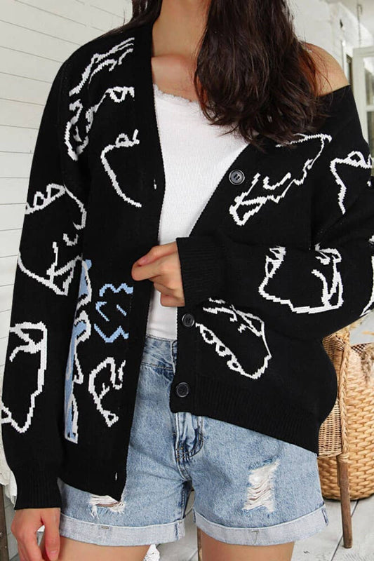 CWOCAL1574_WINTER LONGSLEEVED CARTOON DINOSAUR KNIT CARDIGAN