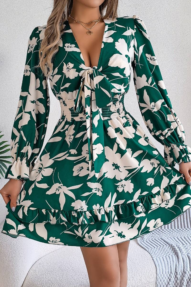 CWDSD6425_DEEP V FLORAL LACE-UP LONG-SLEEVED DRESS SHORT