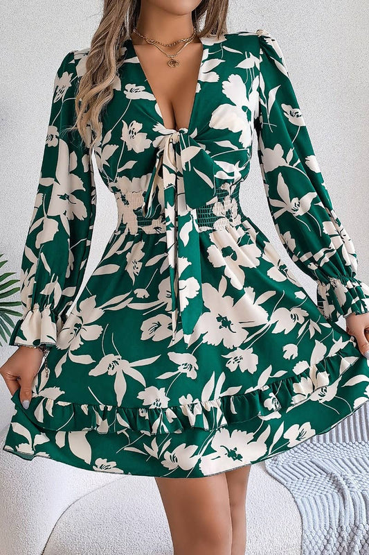 CWDSD6425_DEEP V FLORAL LACE-UP LONG-SLEEVED DRESS SHORT