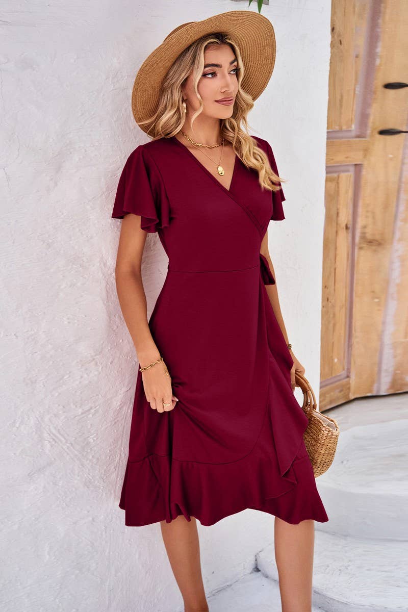 CWDSD2546_Deep V-Neck Wrap Short Sleeve Dresses
