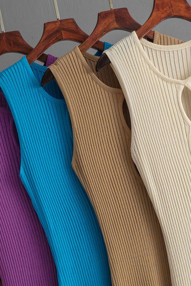 CWDMD01155_SLEEVELESS HOLLOW OUT KNIT BODYCON DRESS