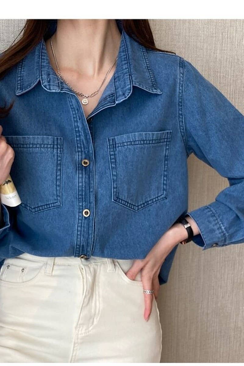CWOBL00208_DENIM STRAIGHT SHOULDER HONG KONG STYLE SHIRT