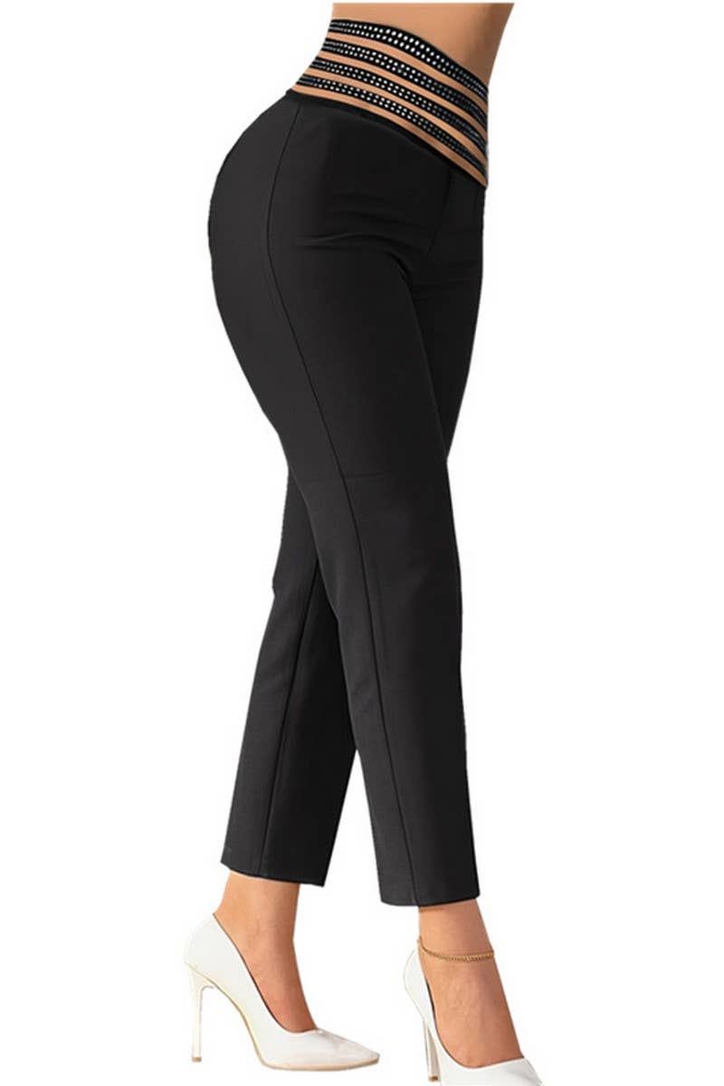 CWBLP1791_SOLID COLOR HOT DIAMOND HOLLOW BELT PENCIL PANTS