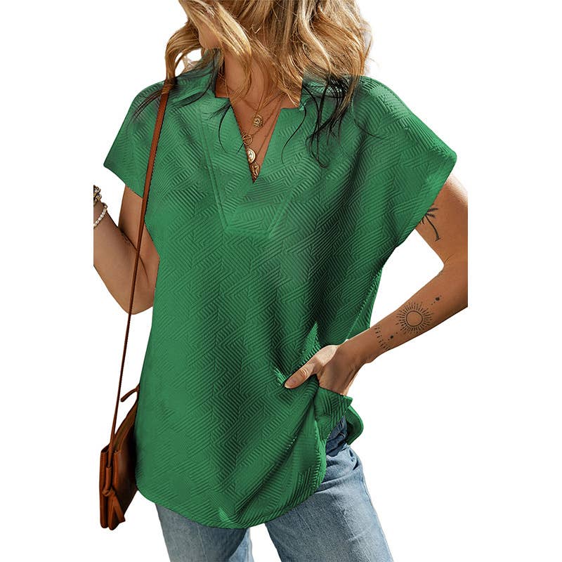Solid-color V-neck slit short-sleeved T-shirt