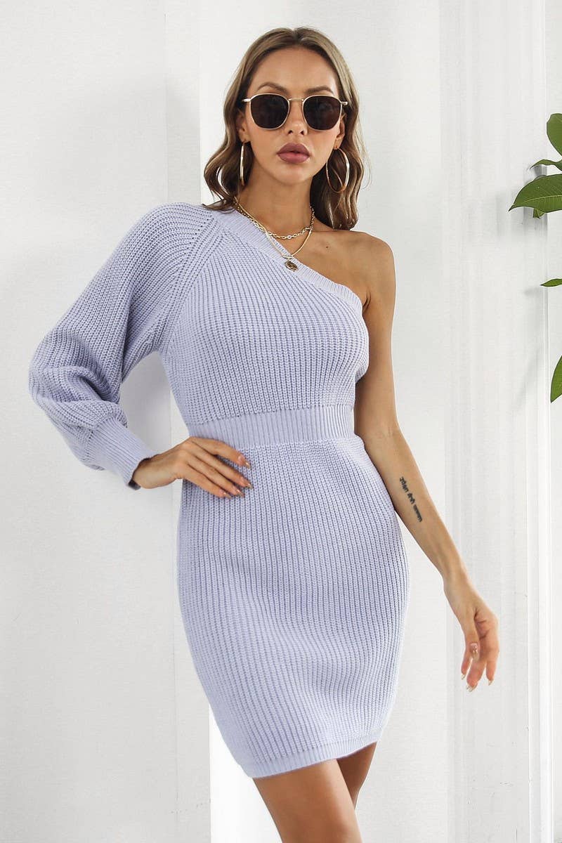CWDSD5965_ONE-SHOULDER HIGH-WAIST KNITTED HIP DRESS