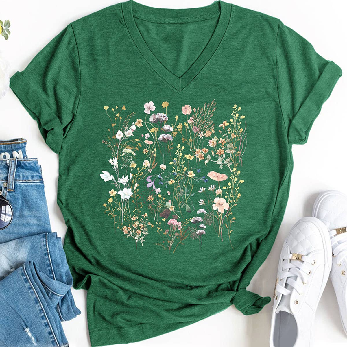 Floral V-Neck Graphic Tee for Women, Loose Fit