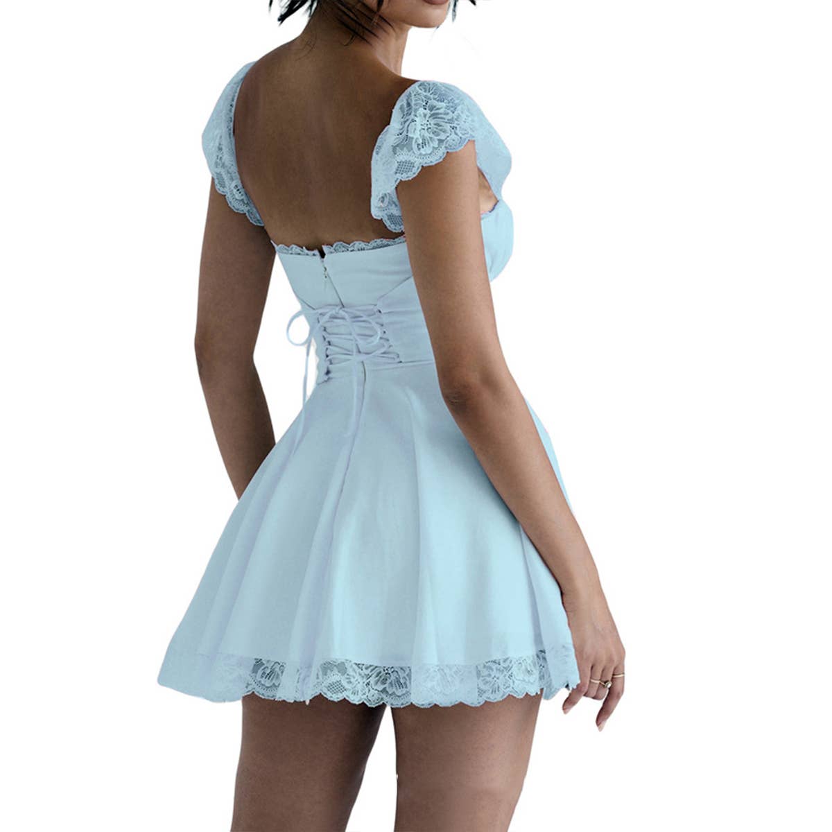 Lace-trimmed square-neck fitted backless dress