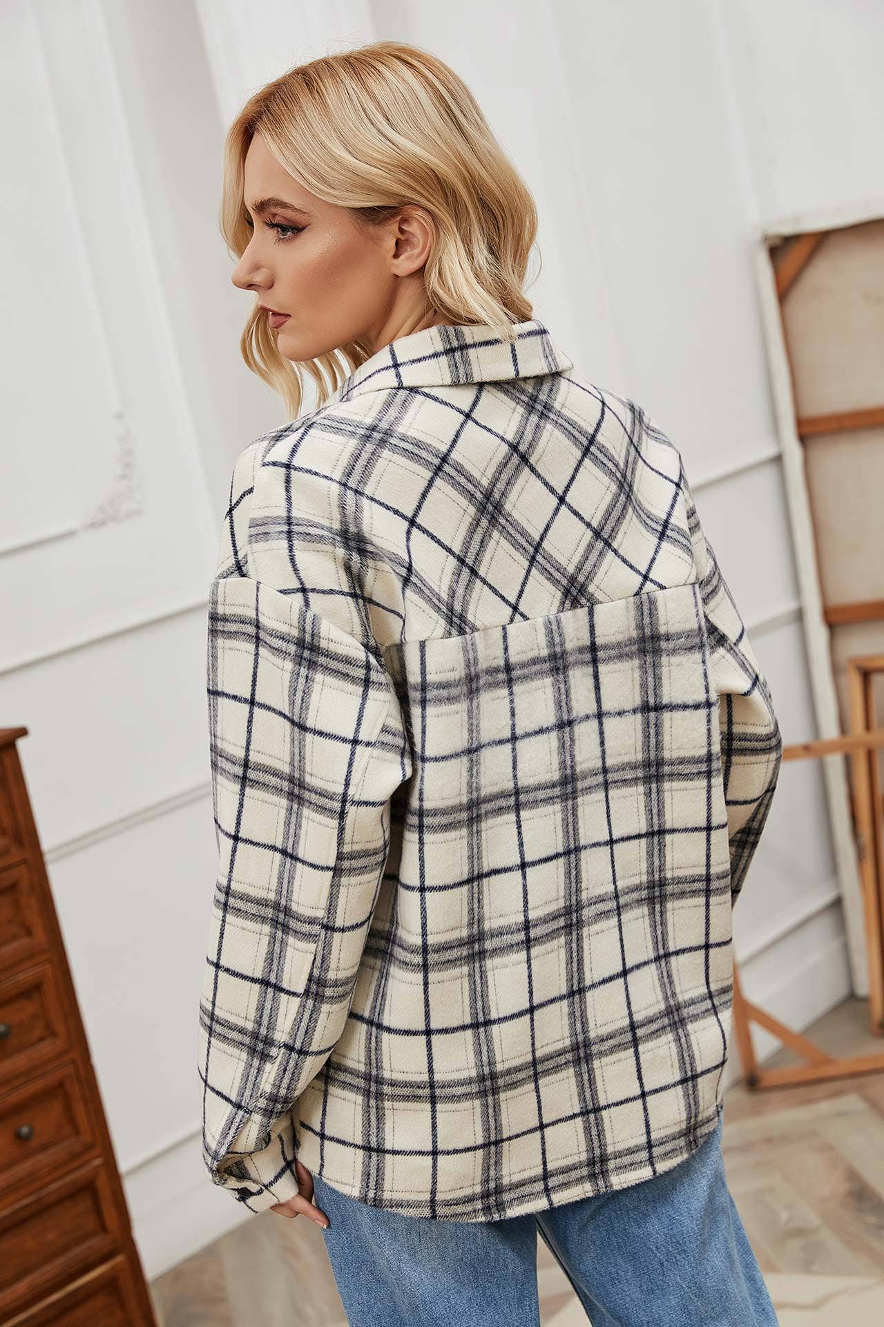 STYLISH RUFFLED CHECKED LAPEL ZIP-UP HOODIE