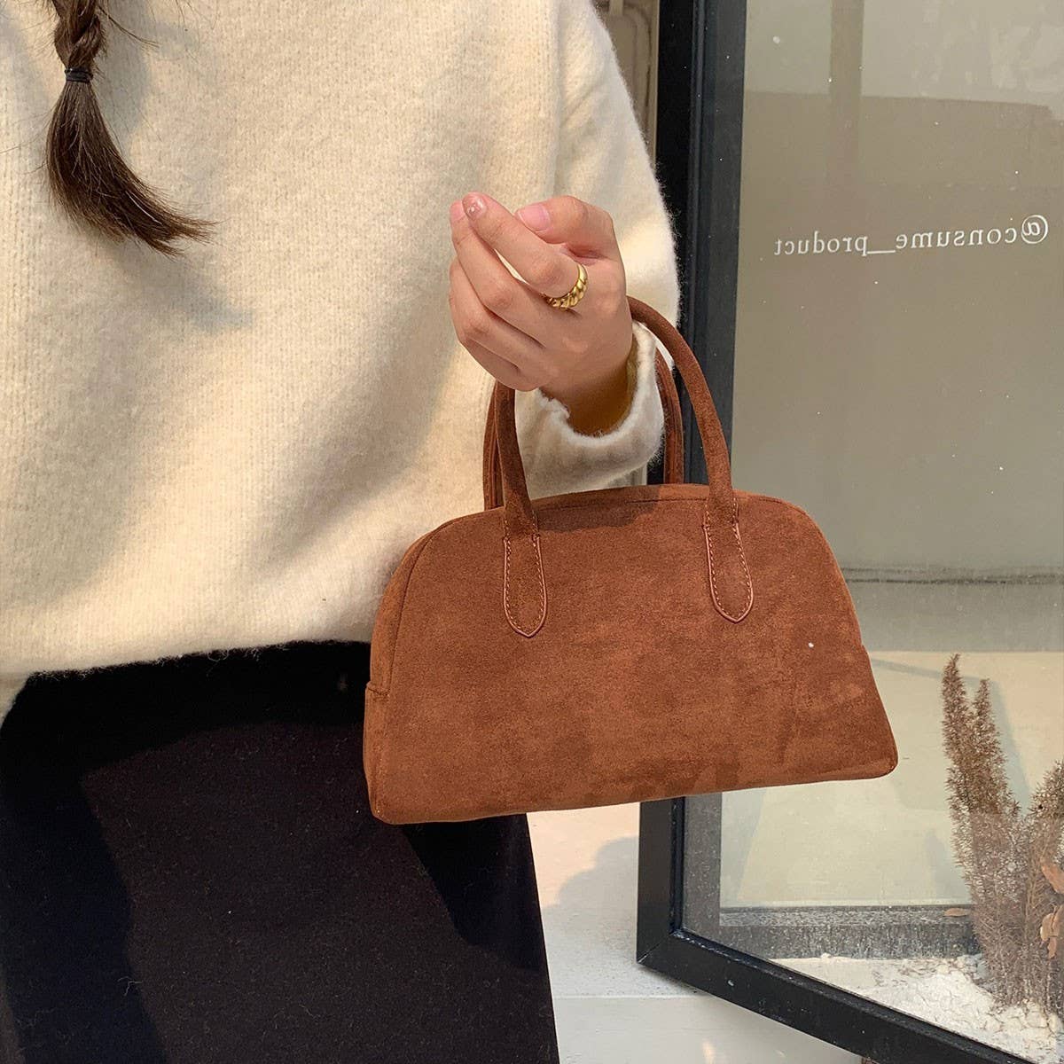 FASHION SIMPLE BROWN SUEDE BOSTON BAG HANDBAG_CWAB4114