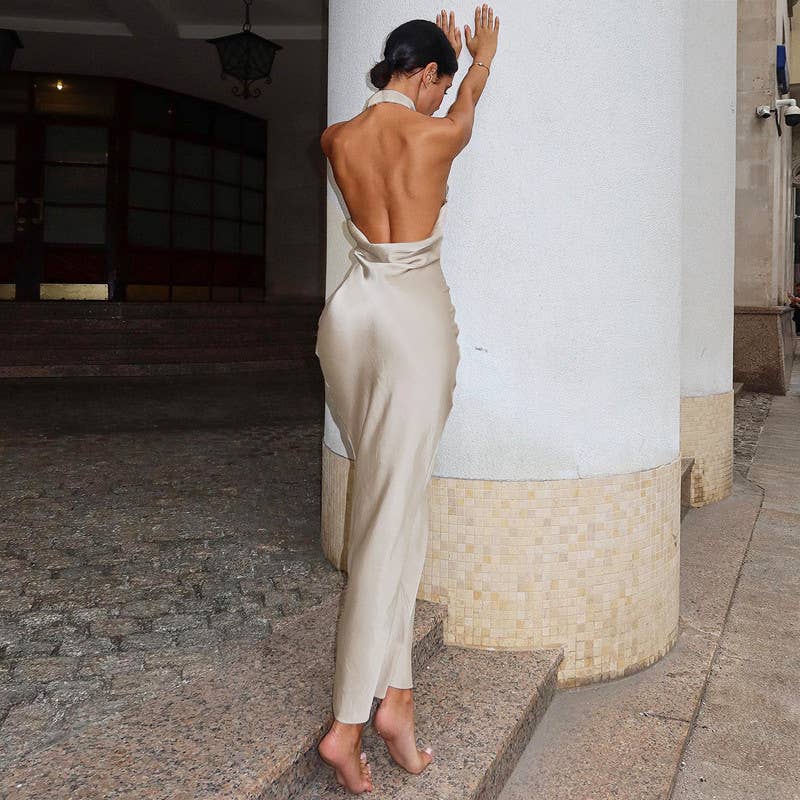 Solid-color off-the-neck sexy backless dress