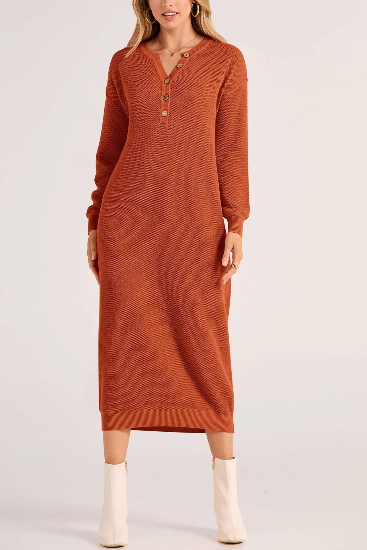 LONG-SLEEVED BUTTON-DOWN V-NECK SWEATER DRESS