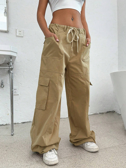 ELASTIC WAIST FUNCTIONAL WIDE LEG PANTS