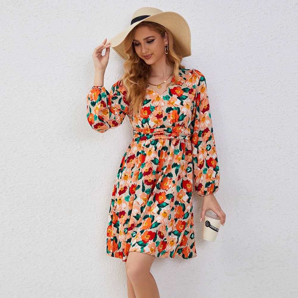 V-neck print elegant long-sleeved dress
