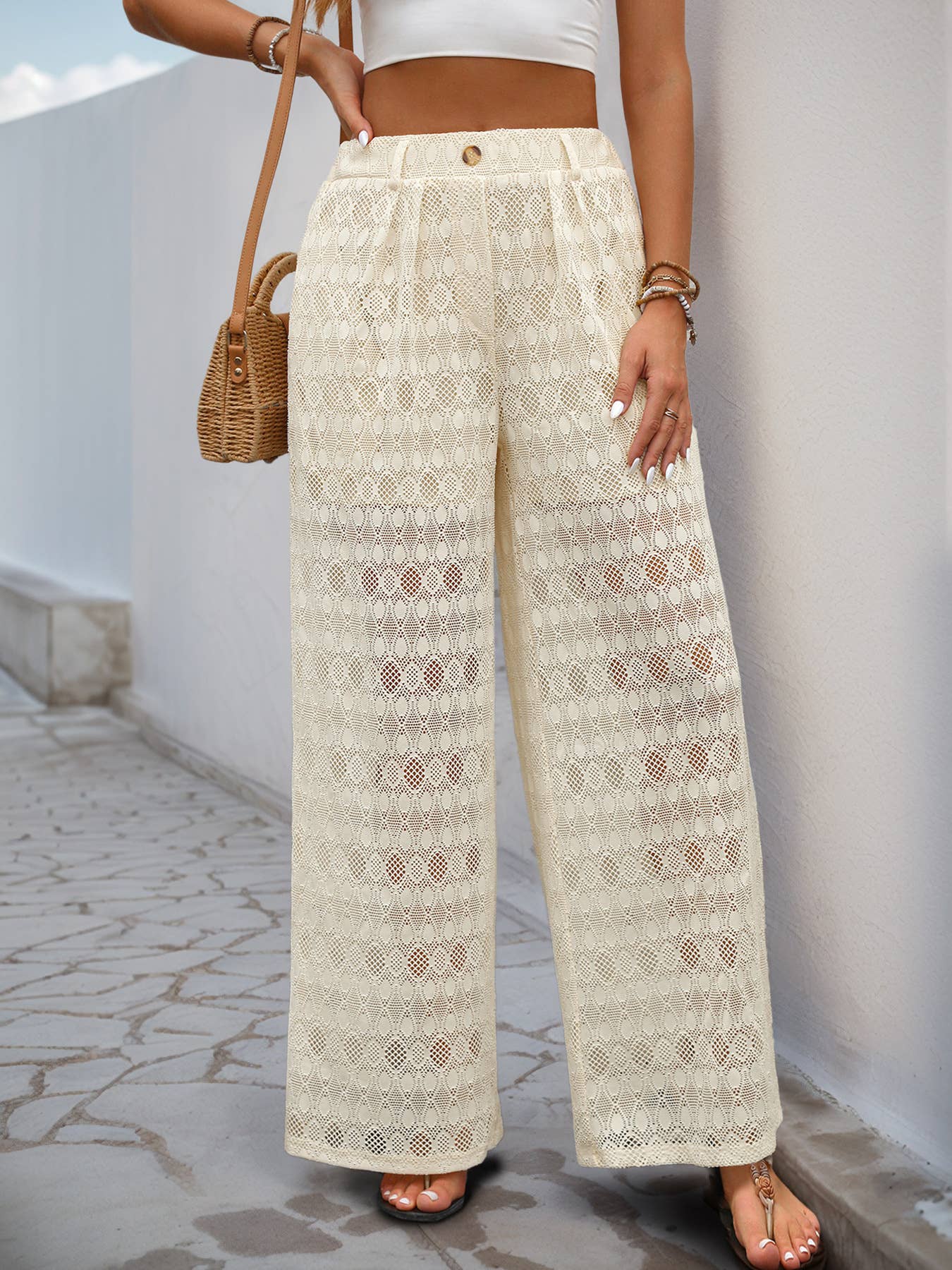 Lace sheer high waist elastic wide leg pants