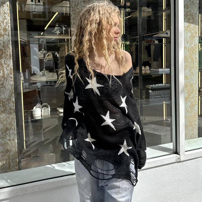 SLOUCHY CASUAL COLOR STAR PATCHWORK LOOSE SWEATER