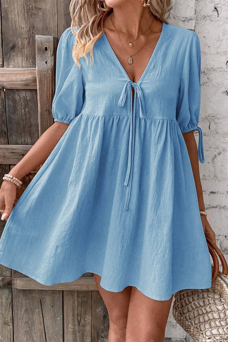 CWDSD8449_DEEP V TIE FRONT LOOSE A-LINE WOVEN DRESS