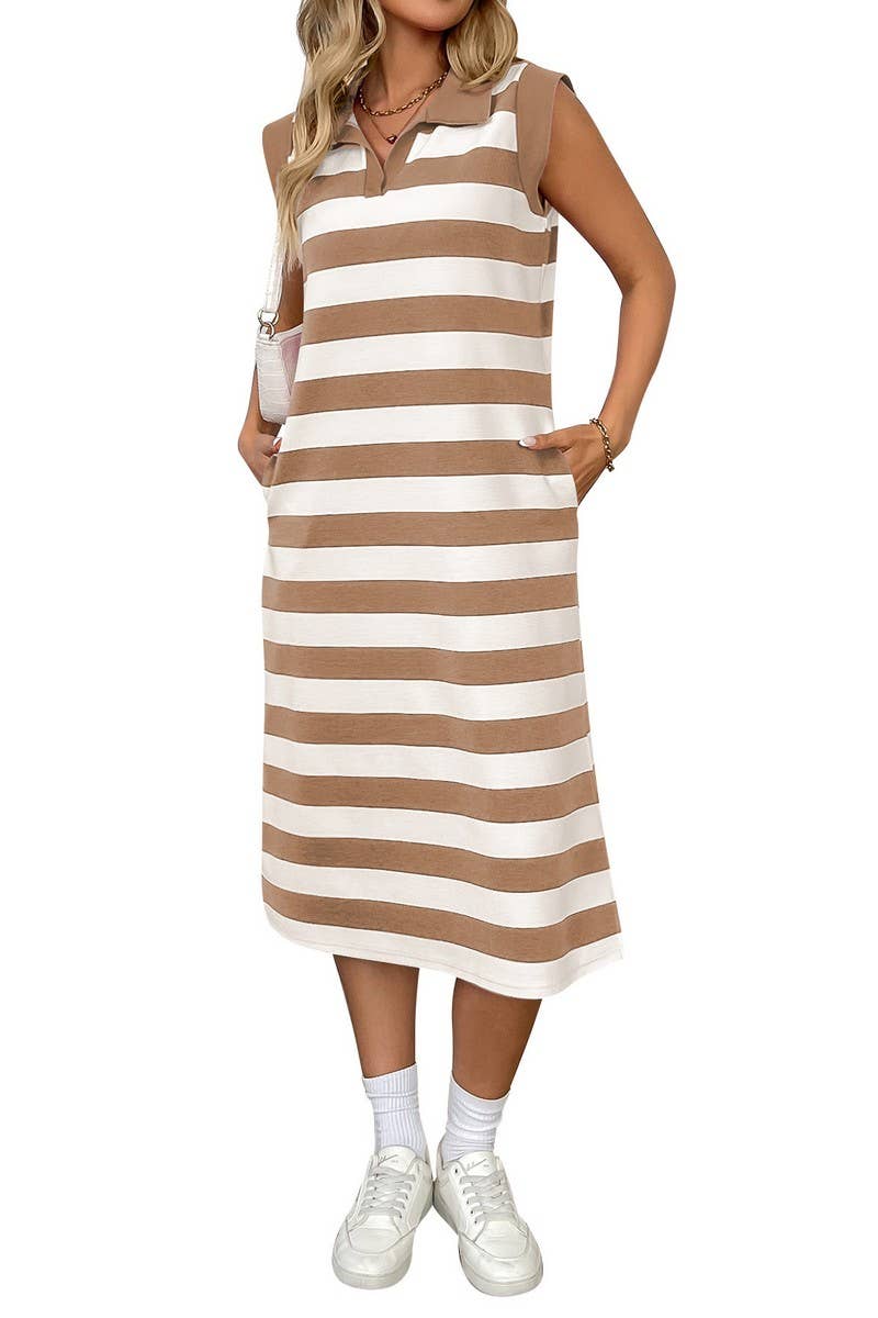 CWDMD4896_SUMMER STRIPED POCKET LAPEL SLEEVELESS LONG DRESS