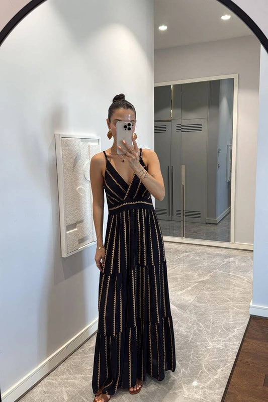 CWDMD6496_GEOMETRIC PRINT V-NECK PLEATED MAXI DRESS