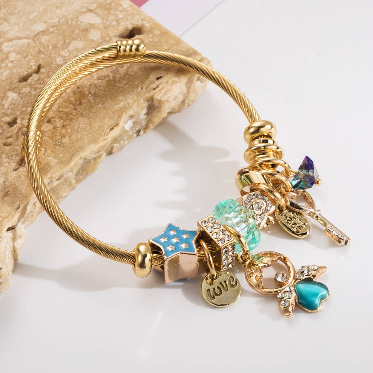 Angel & Key Charm Steel Bracelet for Women_CWMM8474