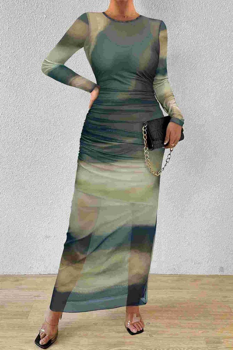 CWDMD4881_TIE-DYE PLEATED ROUND NECK LONG SLEEVE DRESS